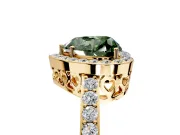 Halo Engagement Ring Setting for Fancy Green Heart-Shaped Center with Heart-Shaped Openwork, Pave Band and Prong Head in Yellow Gold