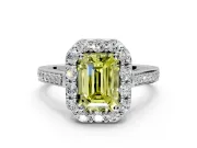 Floral Halo Engagement Ring Setting for Fancy Yellow Emerald Cut Center with Large Halo Accents and Prong Head in Platinum