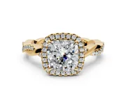 Halo Engagement Ring Setting for Cushion Cut Center with Pave and Plain Twist Band and Prong Head in Yellow Gold