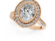 Halo Engagement Ring Setting for Oval Center with Milgrain Frame, Pave Band and Prong Head in Rose Gold