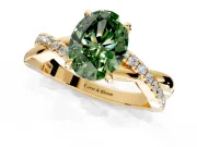 Crossover Engagement Ring Setting for Fancy Green Oval Center with Pave and Plain Strands and Prong Head in Yellow Gold