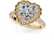 Milgrain Floral Halo Engagement Ring Setting for Heart-Shaped Center with Pave Band and Prong Head in Yellow Gold
