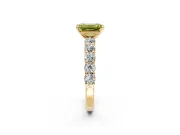 Shared-Prong Engagement Ring Setting for Fancy Yellow Emerald Cut Center with Graduated Accents and Prong Head in Yellow Gold