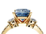 3 Stone Engagement Ring Setting for Fancy Blue Princess Cut Center with Round Cut Side Accents and Prong Head in Yellow Gold