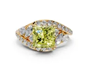 Halo Engagement Ring Setting for Fancy Yellow Princess Cut Center with Marquise and Pave Bypass Band and Prong Head in Yellow Gold
