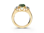 3 Stone Engagement Ring Setting for Fancy Green Round Cut Center with Raised Basket Heads and Prong Head in Yellow Gold