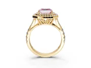 Double Halo Engagement Ring Setting for Fancy Pink Asscher Cut Center with Narrow Pave Split Shank and Prong Head in Yellow Gold