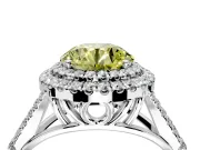 Double Halo Engagement Ring Setting for Fancy Yellow Round Cut Center with Narrow Pave Split Shank and Prong Head in Platinum