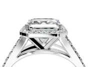 Halo Engagement Ring Setting for Asscher Cut Center with Narrow Pave Split Shank and Prong Head in Sterling Silver