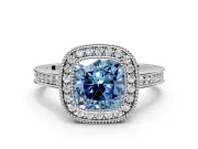 Halo Engagement Ring Setting for Fancy Blue Cushion Cut Center with Milgrain Halo, Pave Band and Prong Head in White Gold