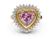 Halo Engagement Ring Setting for Fancy Pink Heart-Shaped Center with Milgrain Bezel Rim, Plain Band and Prong Head in Yellow Gold