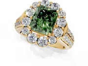 Large Accent Halo Engagement Ring Setting for Fancy Green Radiant Cut Center with Pave Split Shank and Prong Head in Yellow Gold