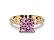 Solitaire Engagement Ring Setting for Fancy Pink Princess Cut Center with Multi-Row Accents and Prong Head in Yellow Gold