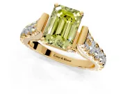 Solitaire Engagement Ring Setting for Fancy Yellow Emerald Cut Center with Pave Cathedral Shoulders and Prong Head in Yellow Gold