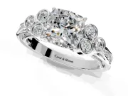 Cluster Engagement Ring Setting for Cushion Cut Center with Bezel Accent Clusters and Prong Head in Platinum