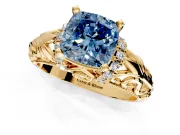 Solitaire Engagement Ring Setting for Fancy Blue Cushion Cut Center with Filigree Accent Basket and Prong Head in Yellow Gold