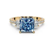 3 Stone Engagement Ring Setting for Fancy Blue Princess Cut Center with Round Cut Side Accents and Prong Head in Yellow Gold