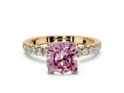 Open Basket Engagement Ring Setting for Fancy Pink Cushion Cut Center with Pave Band and Prong Head in Yellow Gold