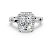 Halo Engagement Ring Setting for Radiant Cut Center with Pave and Plain Twist Band and Prong Head in Platinum
