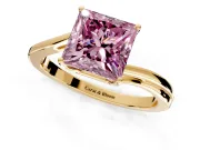 Solitaire Engagement Ring Setting for Fancy Pink Princess Cut Center with Plain Bypass Twist Band and Prong Head in Yellow Gold