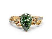 Leaf Motif Engagement Ring Setting for Fancy Green Pear-Shaped Center with Pave Band and Prong Head in Yellow Gold