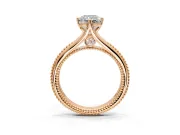 Solitaire Engagement Ring Setting for Radiant Cut Center with Milgrain Cathedral Band and Prong Head in Rose Gold