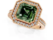 Halo Engagement Ring Setting for Fancy Green Asscher Cut Center with Milgrain Halo, Pave Band and Prong Head in Rose Gold