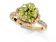 Halo Engagement Ring Setting for Fancy Yellow Round Cut Center with Openwork Halo, Pave Band and Prong Head in Yellow Gold
