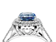 Double Halo Engagement Ring Setting for Fancy Blue Radiant Cut Center with Narrow Pave Split Shank and Prong Head in Platinum