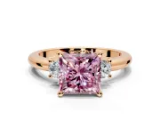 3 Stone Engagement Ring Setting for Fancy Pink Princess Cut Center with Wide Plain Band and Prong Head in Rose Gold