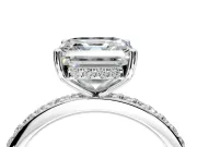 Solitaire Engagement Ring Setting for Asscher Cut Center with Fine Pave Band and Prong Head in Platinum