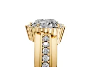 Halo Engagement Ring Setting for Heart-Shaped Center with Wide Band, Inlaid Accent Row and Prong Head in Yellow Gold