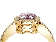 Accent Halo Engagement Ring Setting for Fancy Pink Oval Center with Full-Length Pave Band and Prong Head in Yellow Gold
