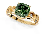 Leaf Engagement Ring Setting for Fancy Green Cushion Cut Center with Milgrain Accent Band and Prong Head in Yellow Gold