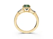 3 Stone Engagement Ring Setting for Fancy Green Cushion Cut Center with Baguette Accents and Prong Head in Yellow Gold