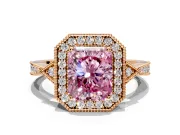Halo Engagement Ring Setting for Fancy Pink Radiant Cut Center with Milgrain Rim, Pave Band and Prong Head in Rose Gold
