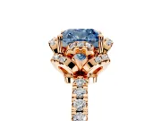 Halo Engagement Ring Setting for Fancy Blue Cushion Cut Center with Openwork Halo, Pave Band and Prong Head in Rose Gold