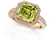Bezel-Framed Halo Engagement Ring Setting for Fancy Yellow Asscher Cut Center with Pave Band and Prong Head in Rose Gold