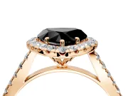Halo Engagement Ring Setting for Fancy Black Heart-Shaped Center with Narrowing Pave Band and Prong Head in Rose Gold