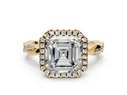 Halo Engagement Ring Setting for Asscher Cut Center with Pave and Plain Twist Band and Prong Head in Yellow Gold