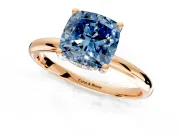 Hidden Halo Engagement Ring Setting for Fancy Blue Cushion Cut Center with Thin Round-Wire Band and Prong Head in Rose Gold