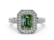Halo Engagement Ring Setting for Fancy Green Emerald Cut Center with Milgrain Halo, Pave Band and Prong Head in Platinum