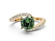 Solitaire Engagement Ring Setting for Fancy Green Cushion Cut Center with Pave Bypass Swirl Band and Prong Head in Yellow Gold