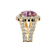 Halo Engagement Ring Setting for Fancy Pink Round Cut Center with Pave Split Shank and Prong Head in Yellow Gold