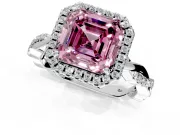 Halo Engagement Ring Setting for Fancy Pink Asscher Cut Center with Pave and Plain Twist Band and Prong Head in Platinum