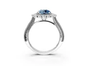 Milgrain Halo Engagement Ring Setting for Fancy Blue Round Cut Center with Bezel Point Accents and Prong Head in Platinum