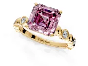 Solitaire Engagement Ring Setting for Fancy Pink Asscher Cut Center with Beaded Bezel Station Band and Prong Head in Yellow Gold