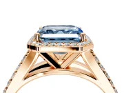 Halo Engagement Ring Setting for Fancy Blue Asscher Cut Center with Narrow Pave Split Shank and Prong Head in Rose Gold