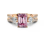 3 Stone Engagement Ring Setting for Fancy Pink Emerald Cut Center with Pave Split Shank and Prong Head in Rose Gold