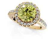 Pave Halo Engagement Ring Setting for Fancy Yellow Round Cut Center with Single Row Pave Band and Prong Head in Yellow Gold
